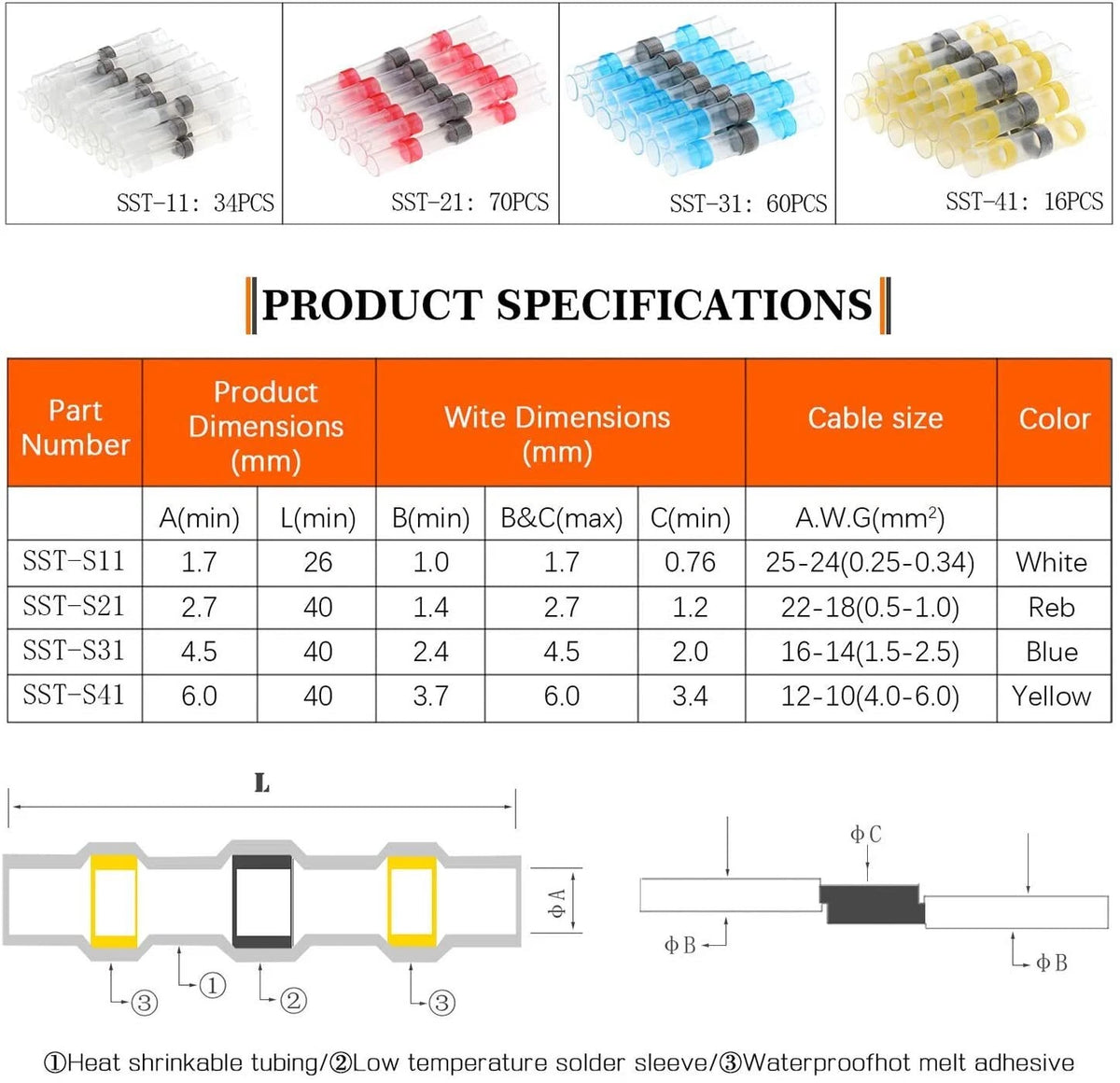 180pcs Waterproof Heat Shrink Butt Wire Connectors Terminals