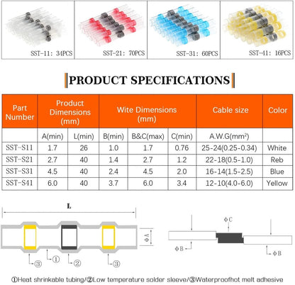 180pcs Waterproof Heat Shrink Butt Wire Connectors Terminals