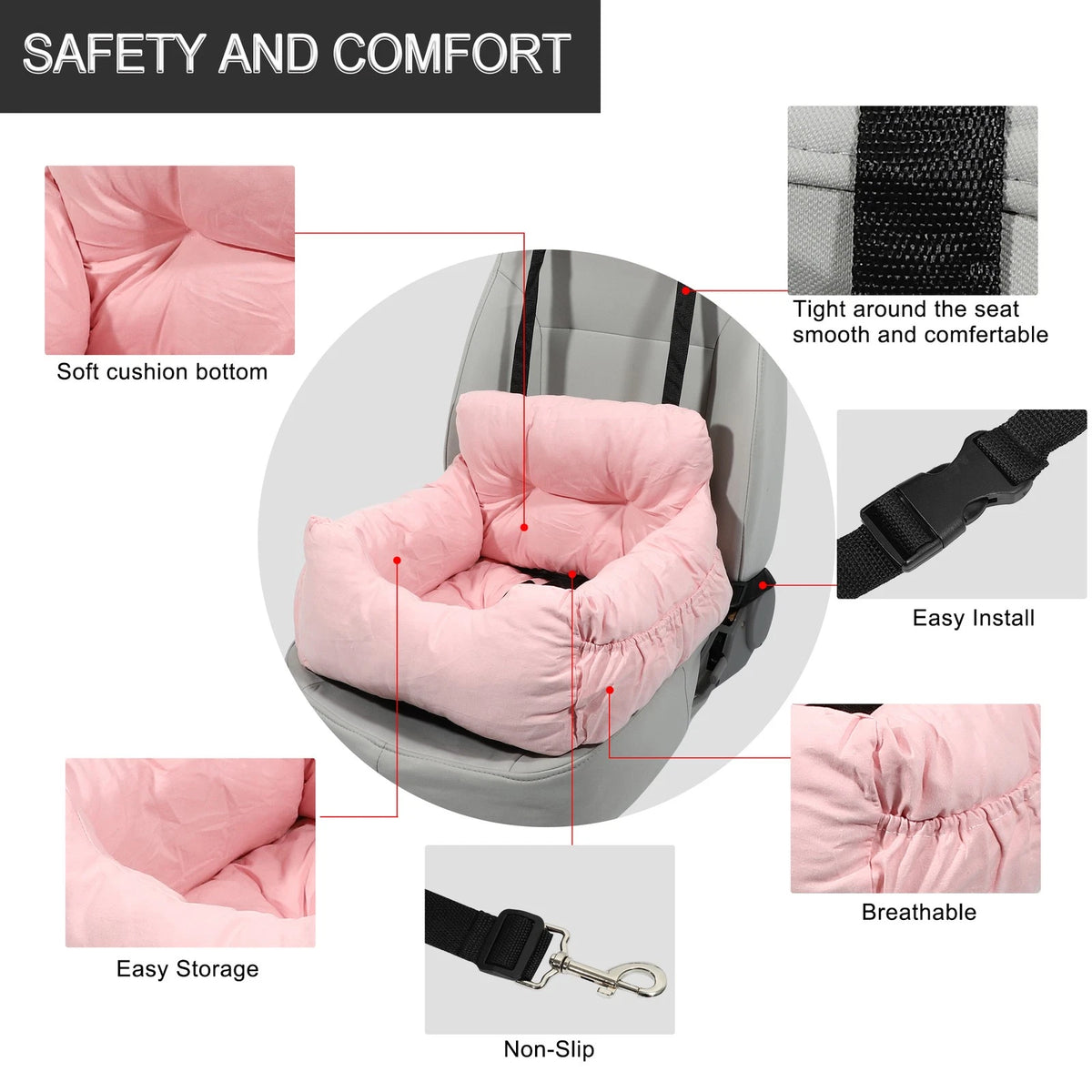 Dog Car Seat Booster with Adjustable Straps for Pet - Pink