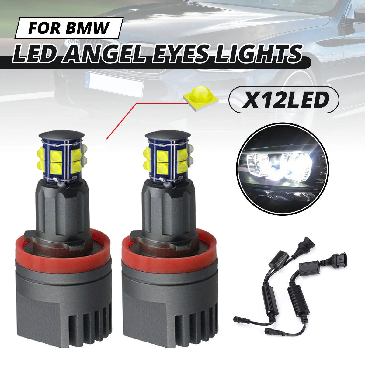 240W H8 LED Angel Eyes Halo Ring Bulbs for BMW E60 E61 E63 E90 E91 (2002–2010)