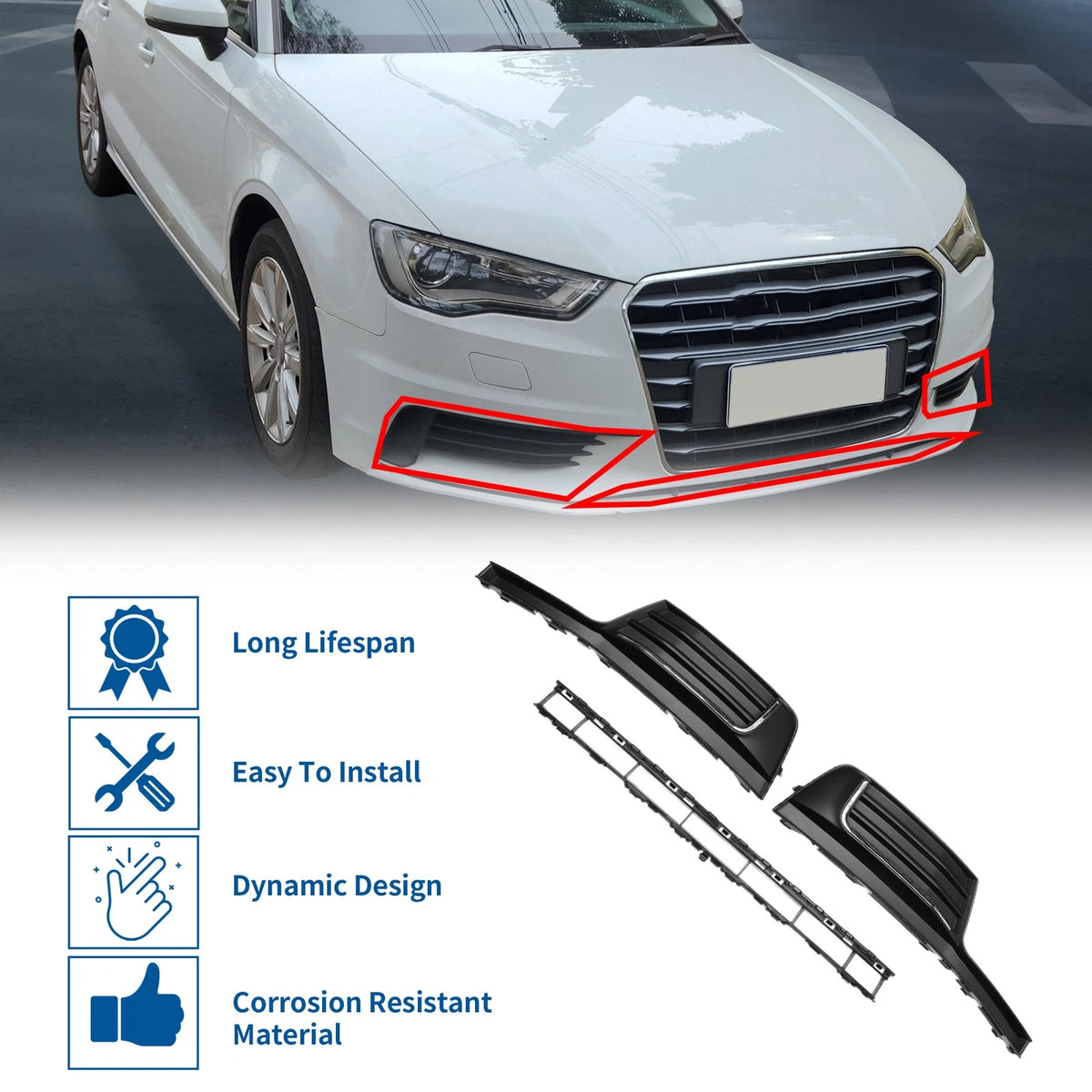 Front Lower Bumper Grille Grill Replacement for Audi A3 (2017–2020) Set