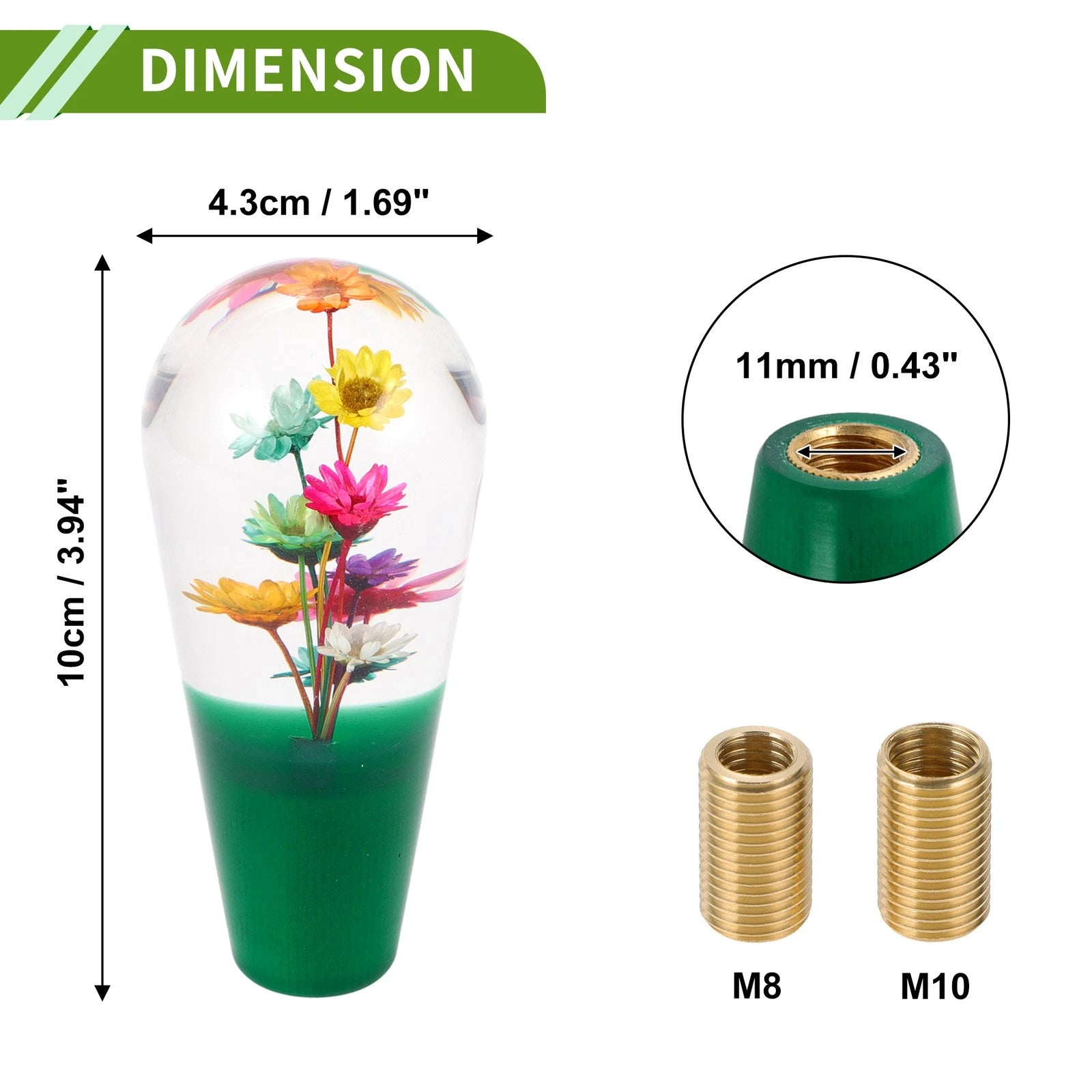 Universal Gear Shift Knob 10cm with 2 Adapters Acrylic Clear Green Set
