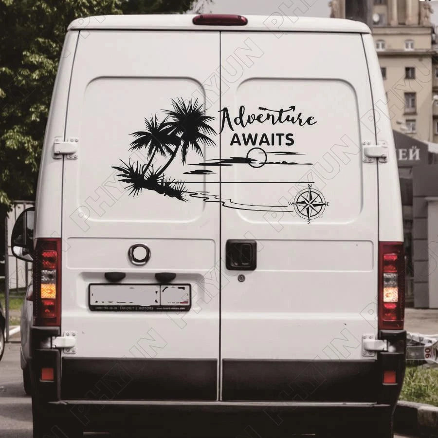 Caravan Camper Motorhome Body Stickers Coconut Tree Compass Graphic Decals Black