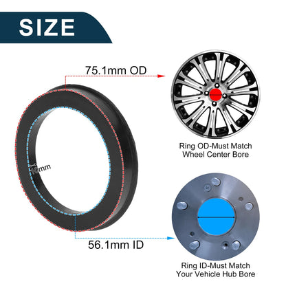 2X Wheel Hub Centric Rings for Car (OD 75.1mm ID 56.1mm Black Polycarbonate)