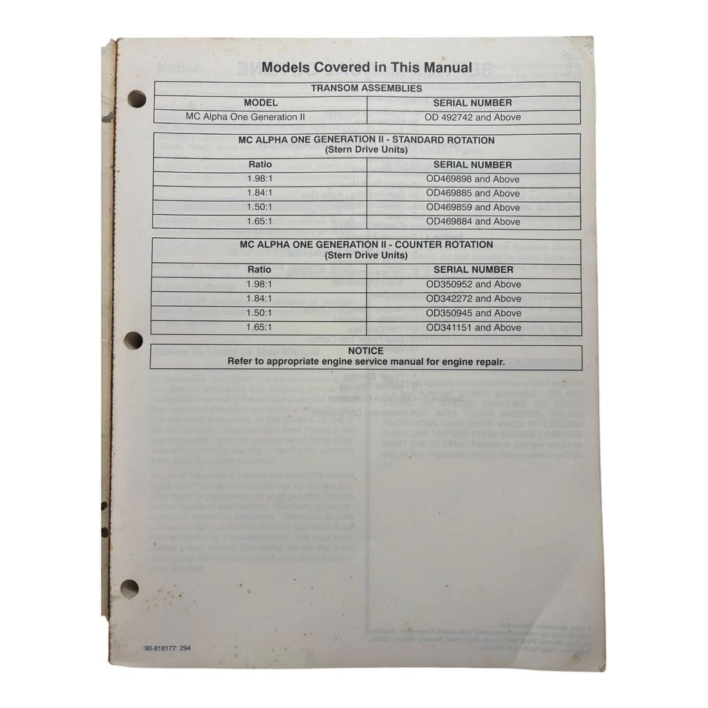 Stern Drive Unit Service Manual for MerCruiser Alpha 1 Gen 2 (1994)