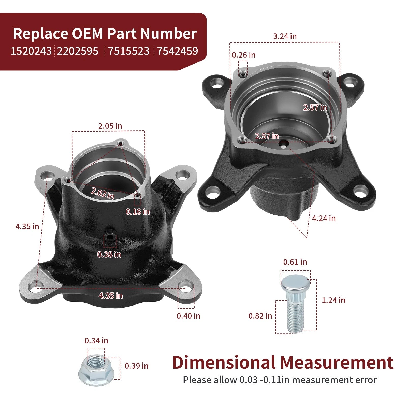 2X Front Wheel Hub w/ Bolts for Polaris Norwegian Magnum 4X4 (1997–1998)