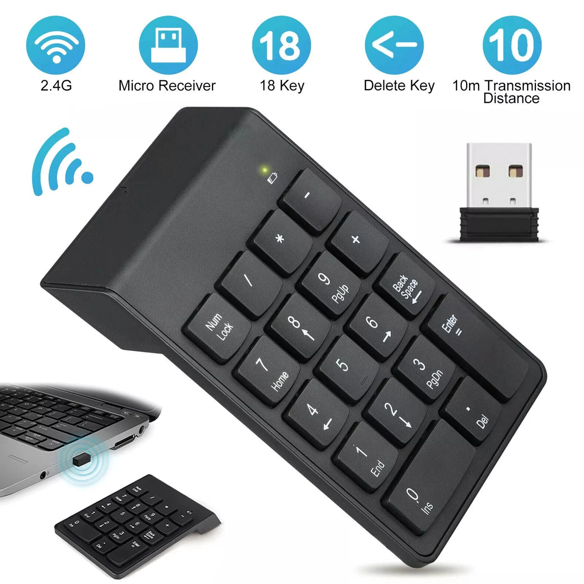 Wireless USB Number Keyboard for Laptop/PC (Gaming, 2.4GHz, 33ft Range)