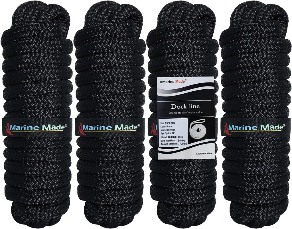 Set of 4 Double Braided Nylon Boat Dock Lines for Marine Use (20FT)
