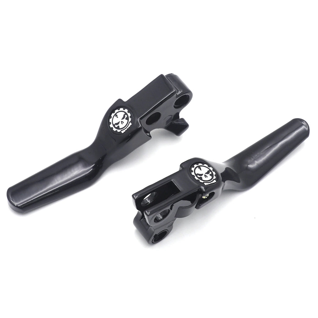 Black Skull Shorty Wide Blade Hand Levers for Harley XL/Dyna/Softail (1996–2014)