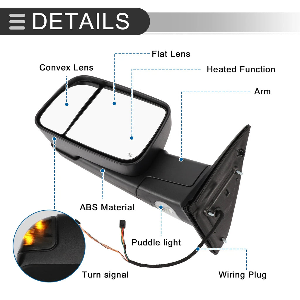 Tow Mirror Set Right Left for Dodge Ram 1500 (2009–2012) Turn Signal