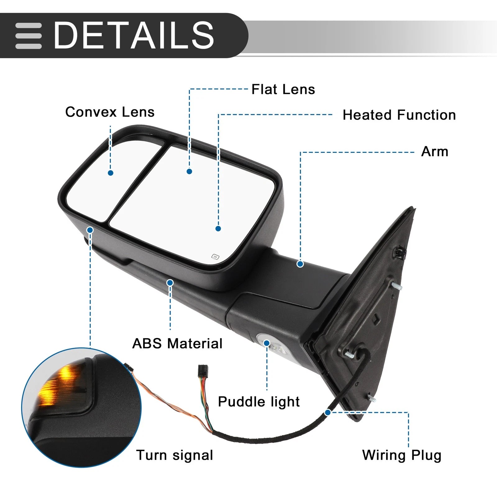 Tow Mirror Set Right Left for Dodge Ram 1500 (2009–2012) Turn Signal