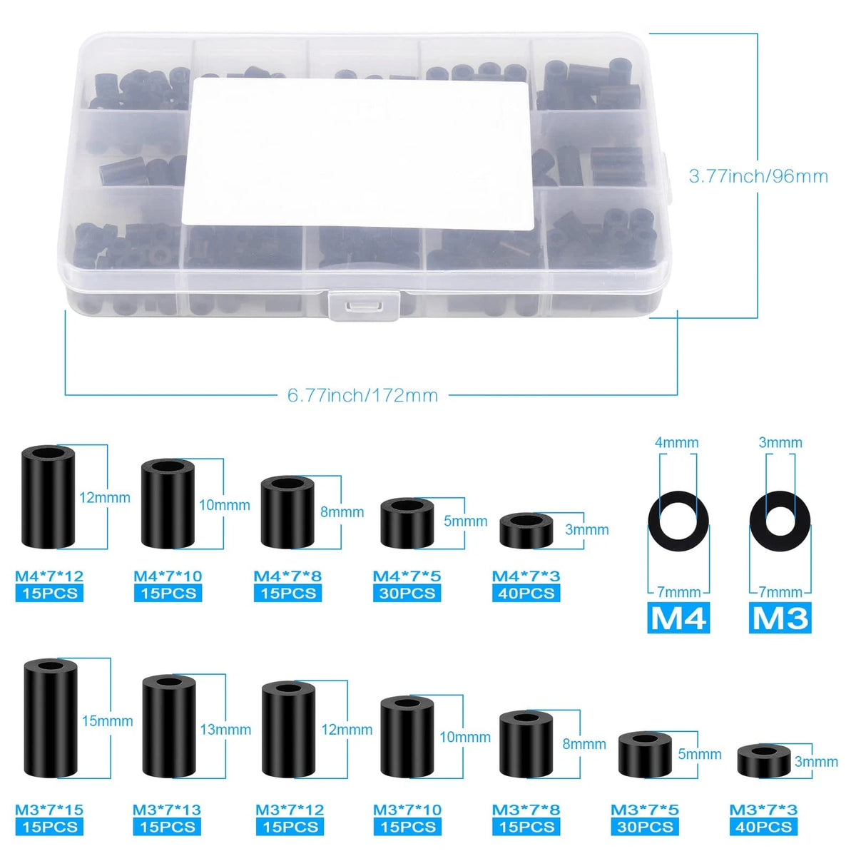 200Pcs Round Spacer Standoff Kit for M3 M4 (Nylon, Black)