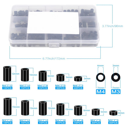 200Pcs Round Spacer Standoff Kit for M3 M4 (Nylon, Black)