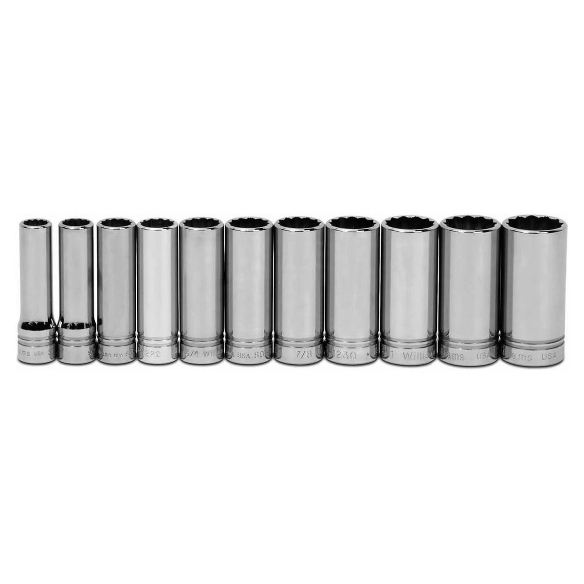 Set of 11 Deep SAE Sockets 1/2" Drive 12-Point for Automotive (Clip Rail)