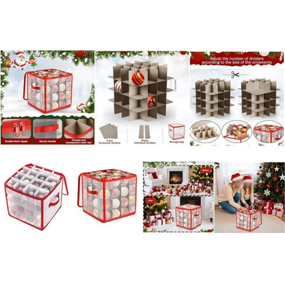 Stackable 4 Layer Ornament Box for Christmas Decorations (64 Count) Red 32x32x3cm