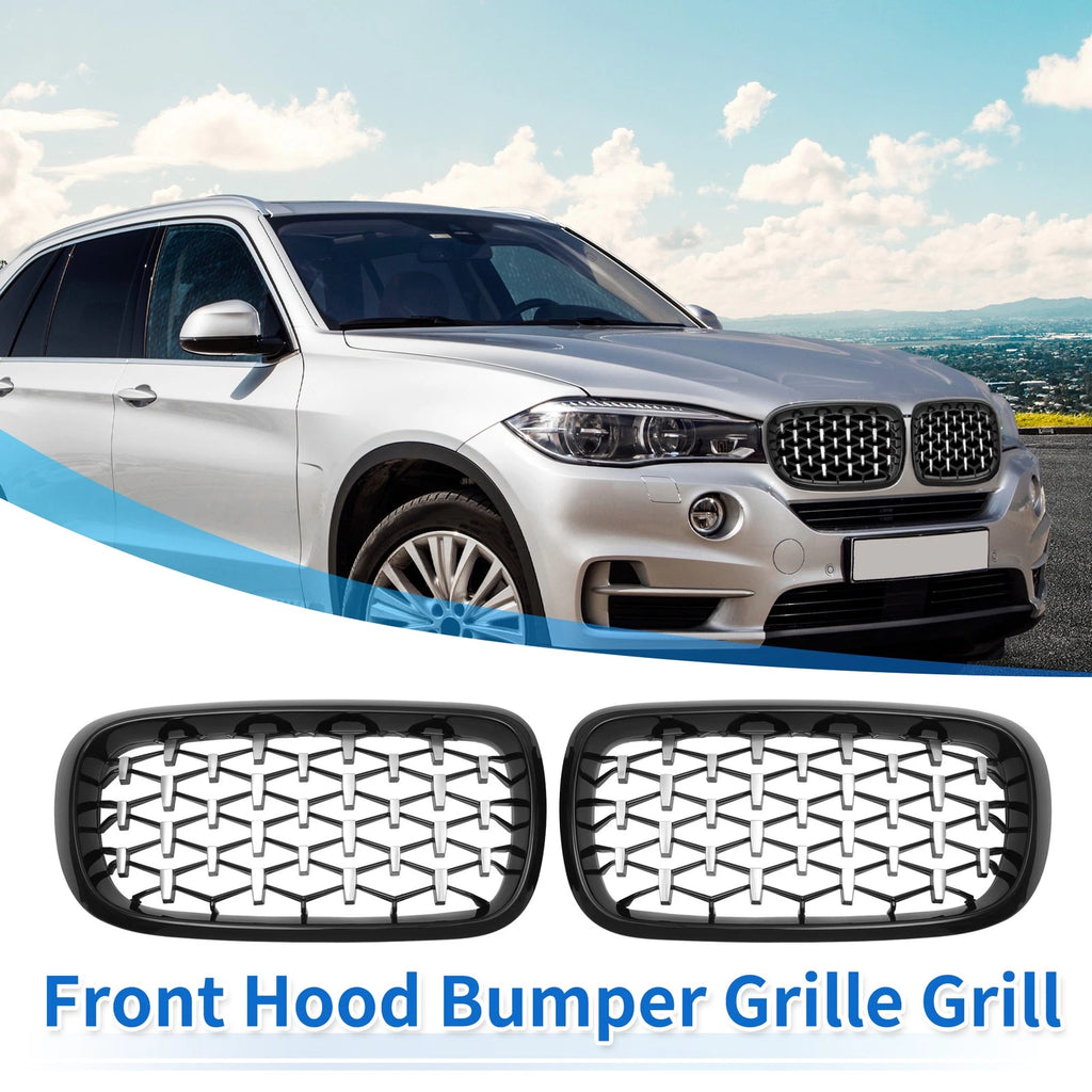 Front Hood Bumper Grille Pair for BMW X5 (2014–2016) Black Silver Tone