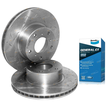 Front Slotted Dimpled Disc Rotors + Bendix Brake Pads for Holden VT VX VU VY VZ (1997–2006)