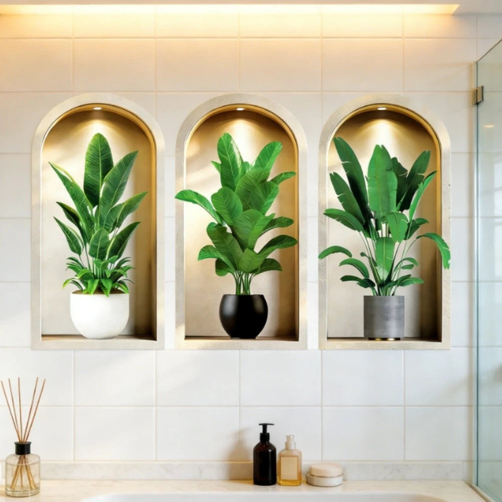 3PCS 3D Wall Art Stickers Green Potted Plants for Home Kitchen Hallway