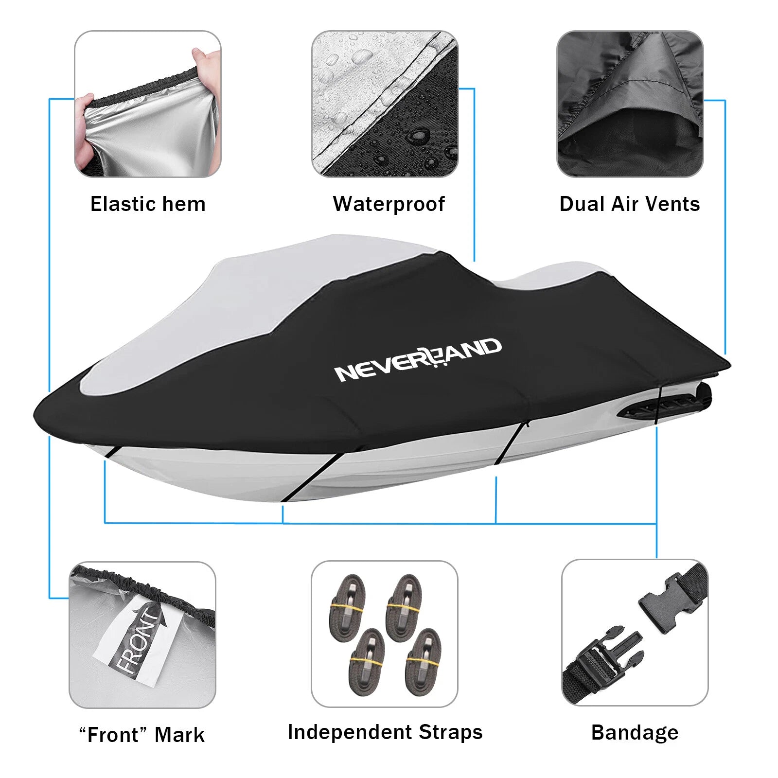 Jet Ski Cover for Neverland (Waterproof UV Protection, Black/Silver)