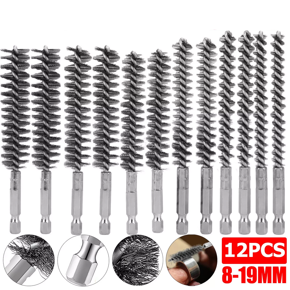 12PCS Stainless Steel Bore Brush Set for Power Drill Cleaning