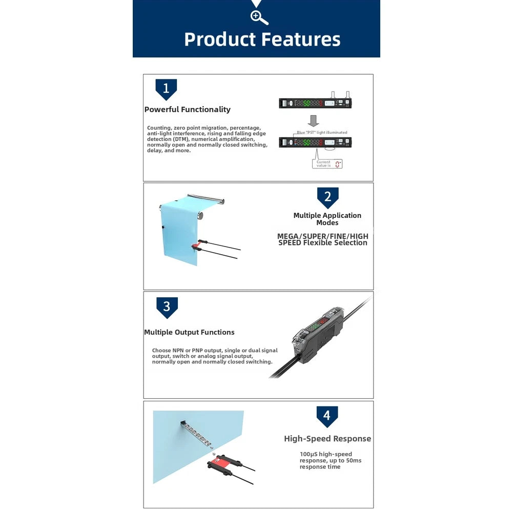 Digital Fiber Optic Sensor Device with Red LED for Industrial Detection