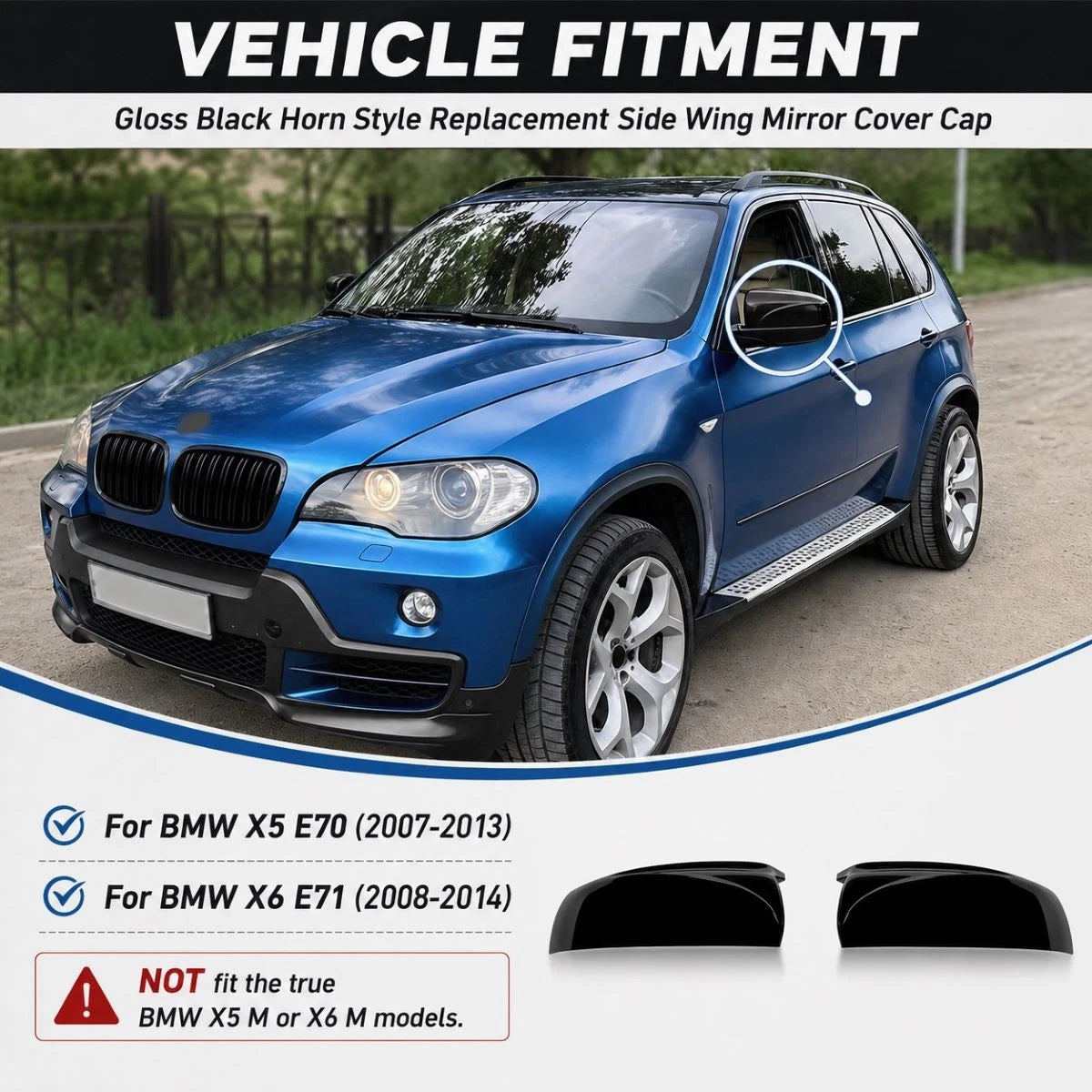 Gloss Black Side Wing Mirror Cover Caps for BMW X5 E70 X6 E71 (2007–2013)