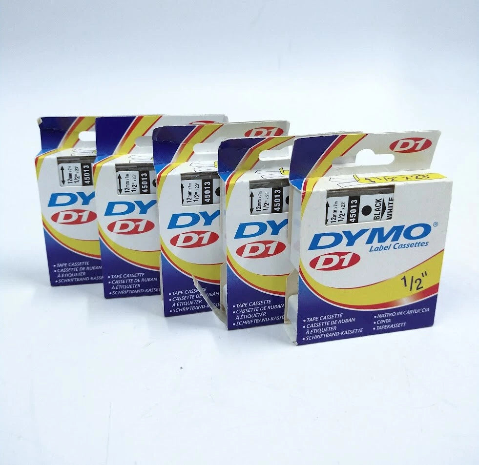 Set of 5 Dymo 45013 D1 12mm Label Cassettes for Label Makers