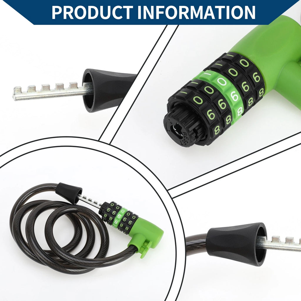 Bike Padlock Cable Lock Resettable 5 Digit for Green Black 1 Set (1 Set)