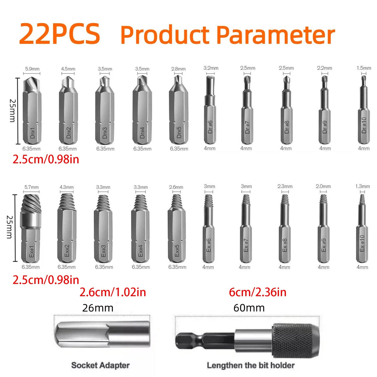 22Pcs Screw Extractor Remover Set for Damaged Stripped Bolts