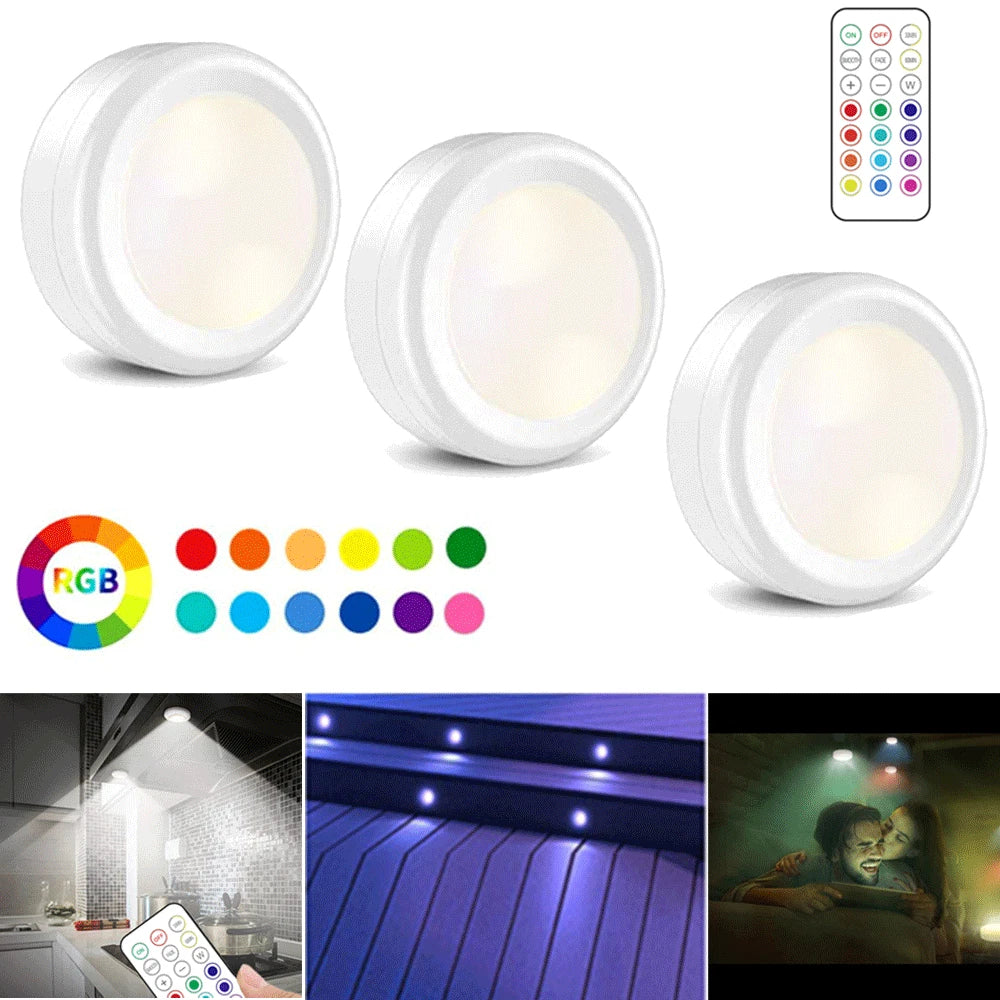 3Pcs Wireless RGB LED Lights Under Cabinet Closet Shelf Counter Lamp with Remote