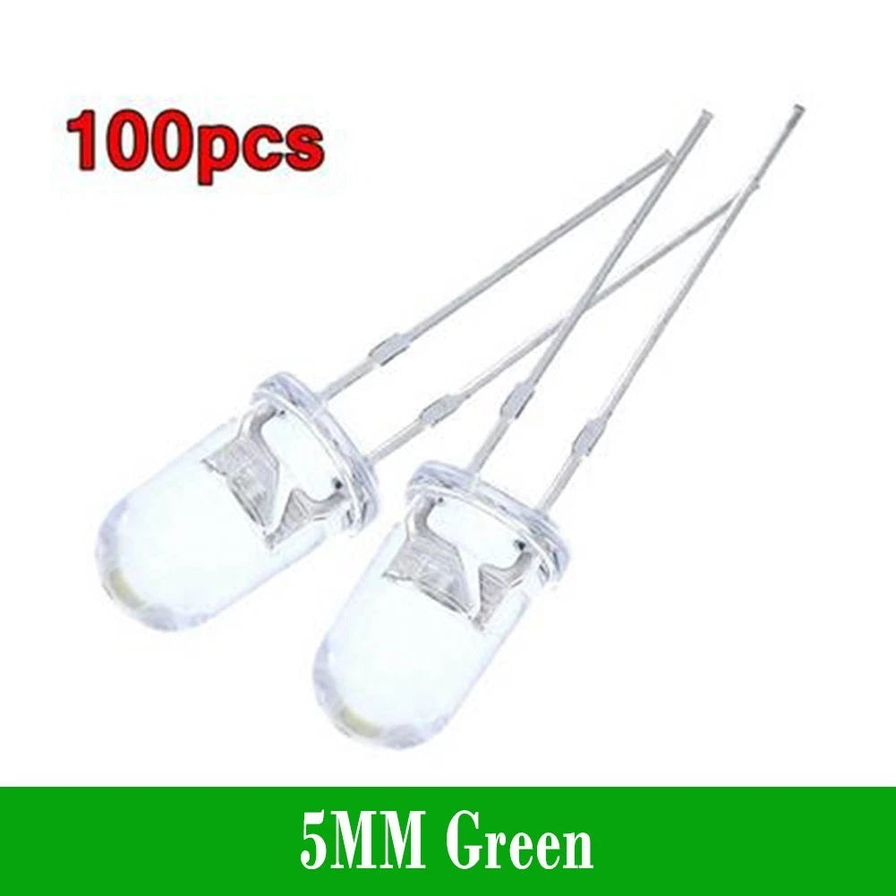 100PCS 5mm LED Bulbs Red/Blue/Green/White/Yellow for Universal Use