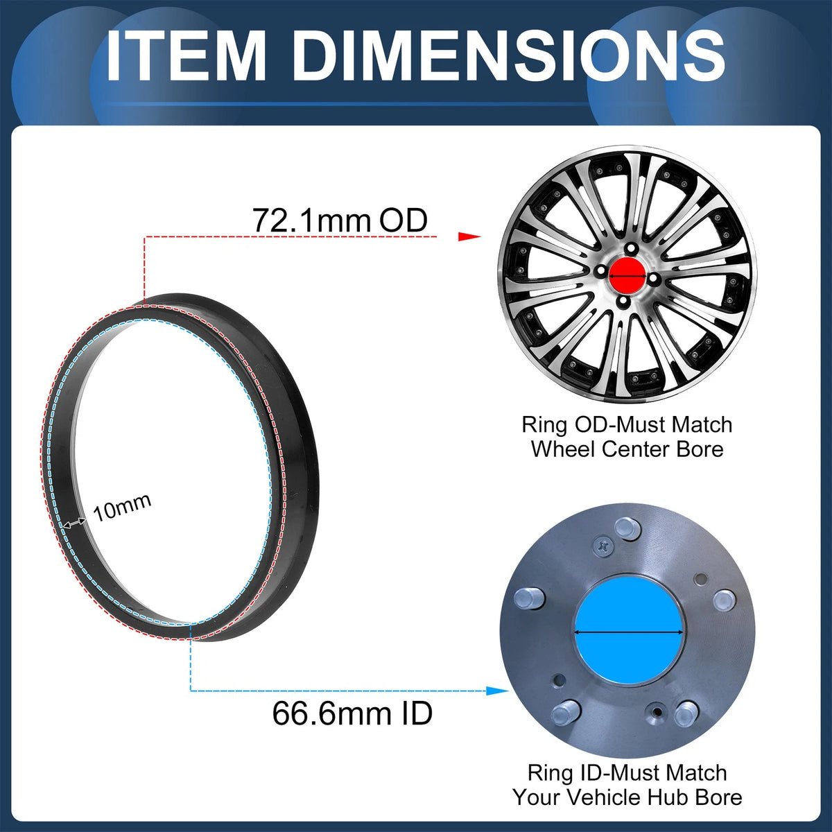 Set of 4 Wheel Hub Centric Rings 72.1mm to 66.6mm Black Polycarbonate