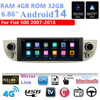 6.86" Android 14 Stereo Radio GPS Nav Head Unit for Fiat 500 (2007–2018)