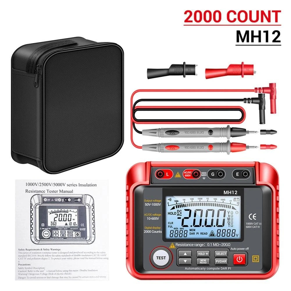 MH12 Insulation Resistance Tester with 100 Data Sets and Backlit Screen