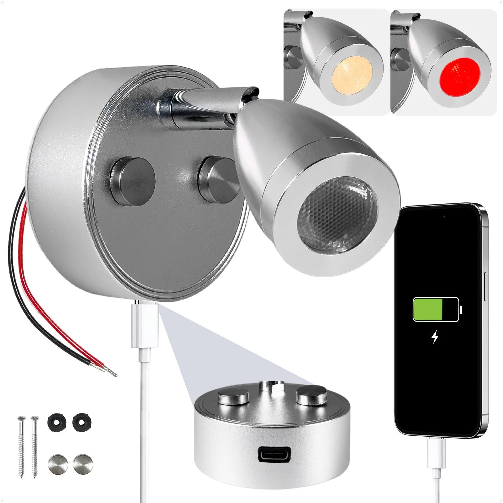 RV LED Reading Light with Touch Dimmer & USB-C Port (12V, Silver)