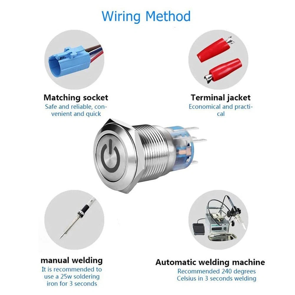 12V LED Push Button Power Switch with Wire Harness for Universal Use (16mm)