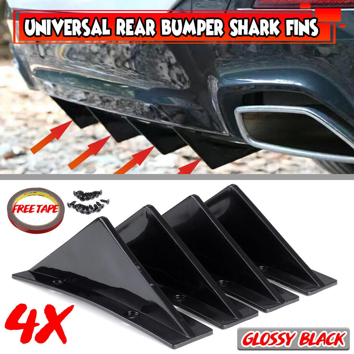 Set of 4 Universal Black Curved Rear Bumper Lip Diffuser Shark Fin Spoiler