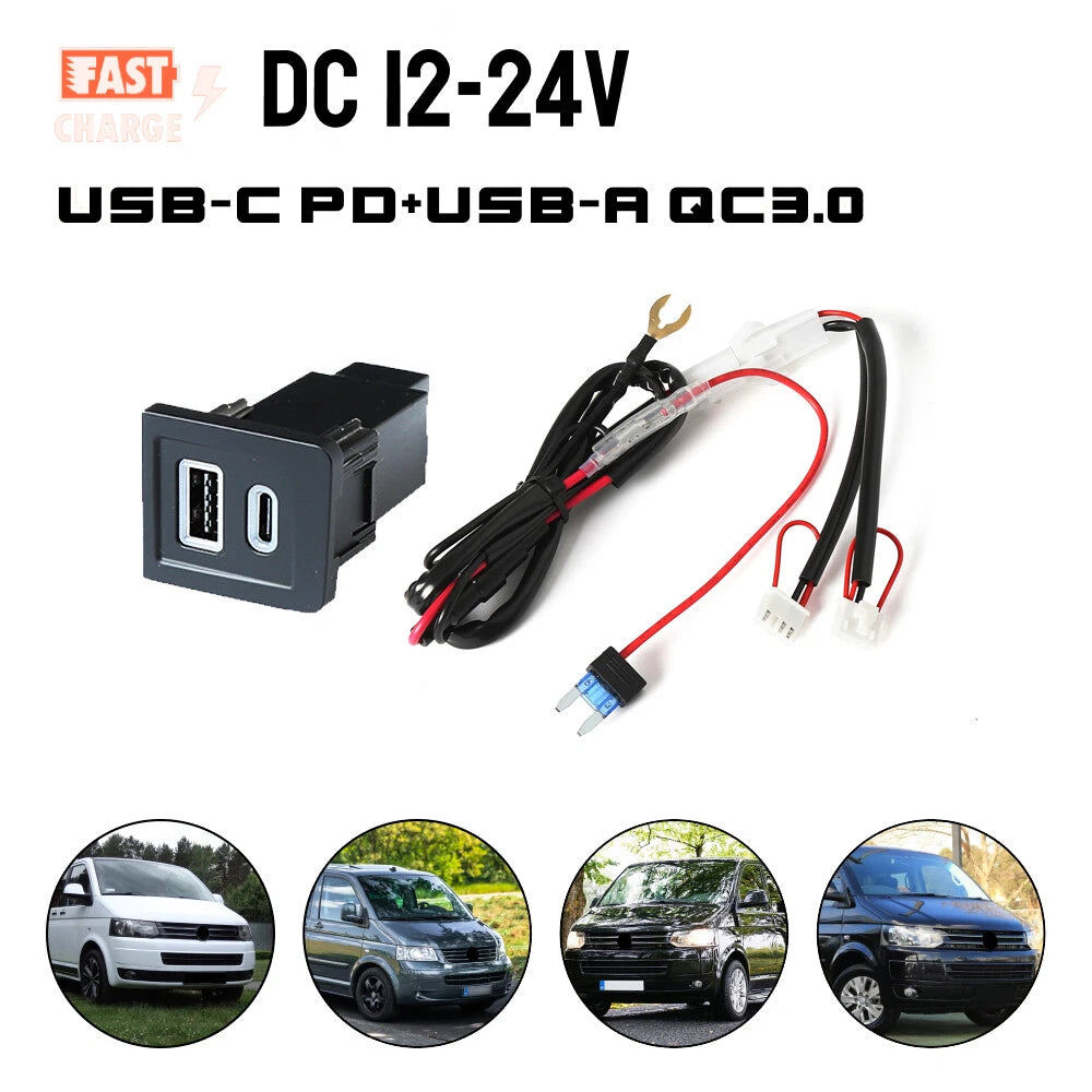 Right Side Switch Button USB-C PD + USB-A QC3.0 Charger for Multivan T5 (2008–2015)