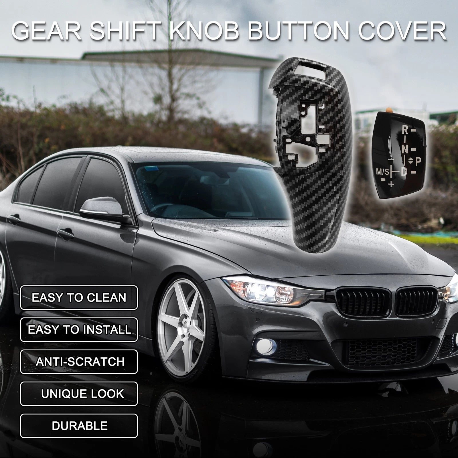 Gear Shift Knob Button Cover Replacement for BMW 1 Series Carbon Fiber Black (2017–2020)