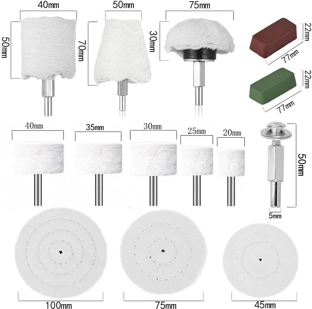 16 Piece Buffing Kit for Rotary Tools (Metal Polishing, Auto Detailing)