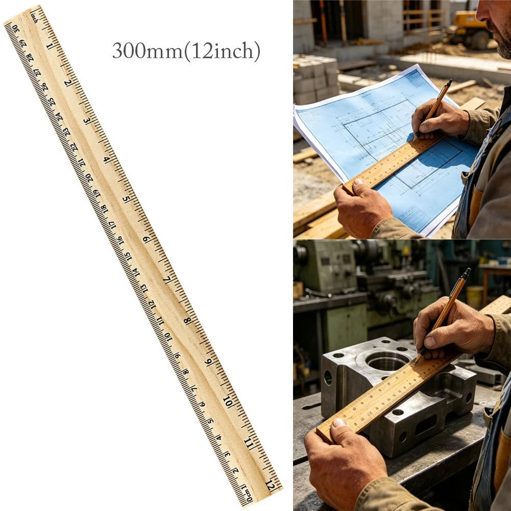 300mm Wooden Ruler with 0-30cm & 0-12inch Scales for Students & Teachers
