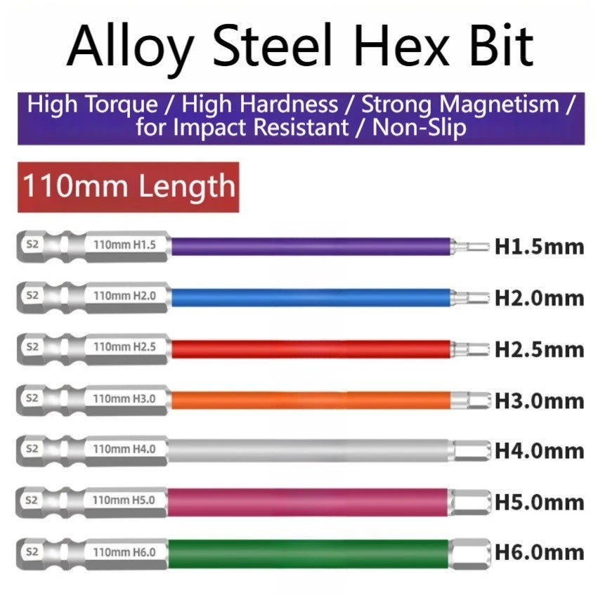 Hex Screwdriver Bit 110mm Magnetic Alloy Steel for Impact and Drill Use