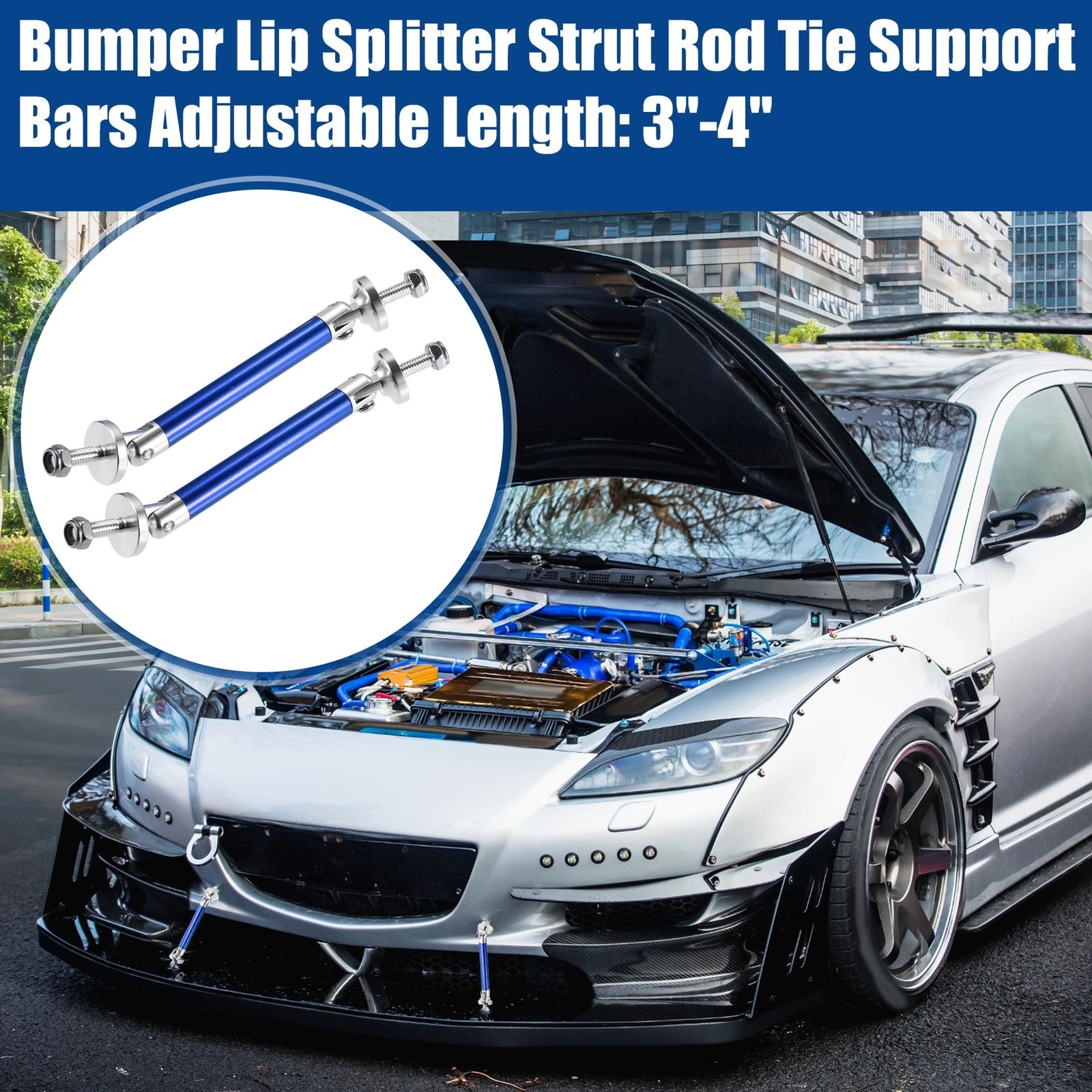 1 Pair 3"-4" Universal Front Bumper Lip Splitter Diffuser Strut Rod Blue