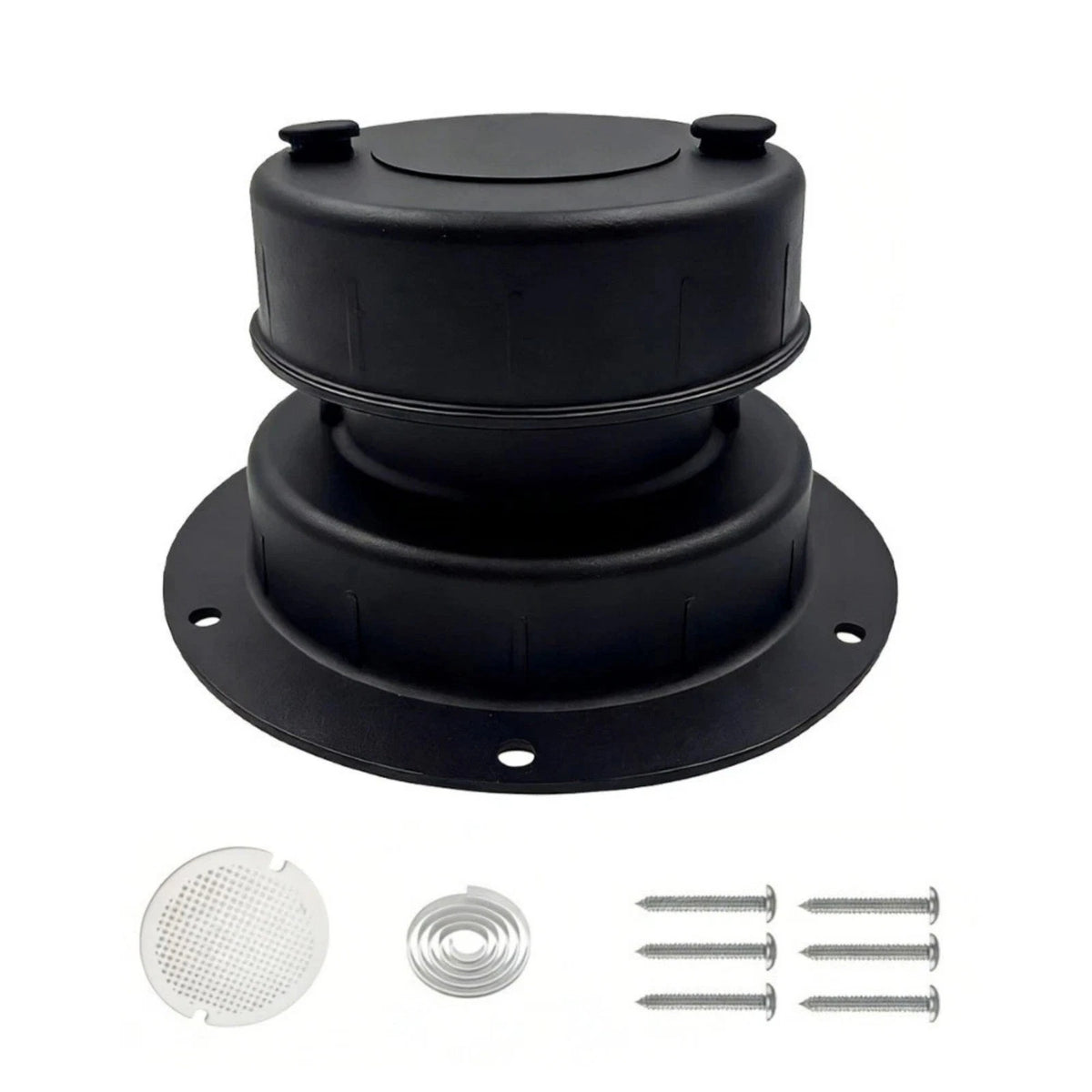 Black Aluminum Vent Cover for RV Roof Sewer Pipe (Includes Adhesive Tape & Screen)