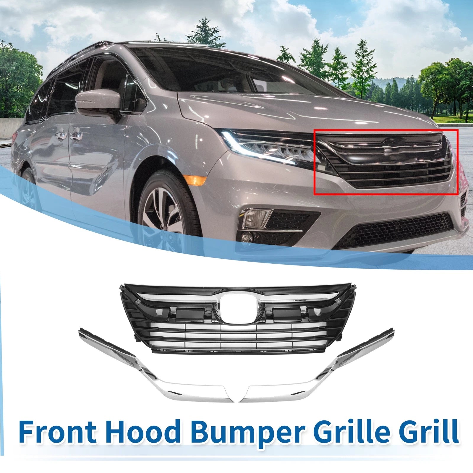 Front Upper Bumper Grille for Honda Odyssey (2018–2020) Chrome Silver Set