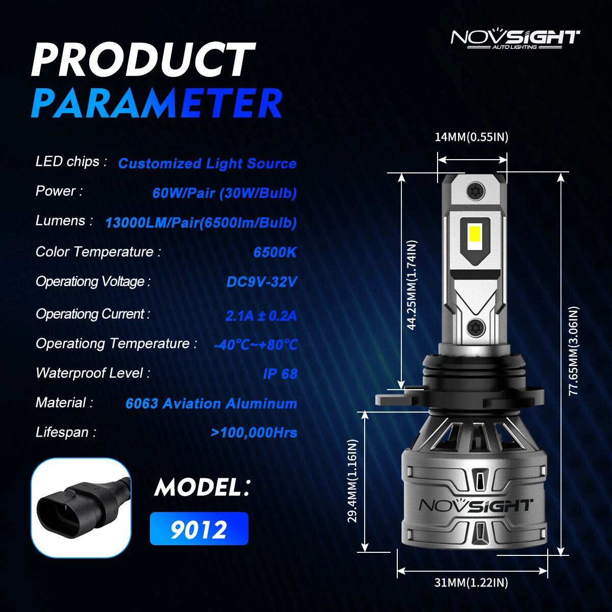 2X 9012 HIR2 LED Headlight Bulbs for NOVSIGHT (6500K)