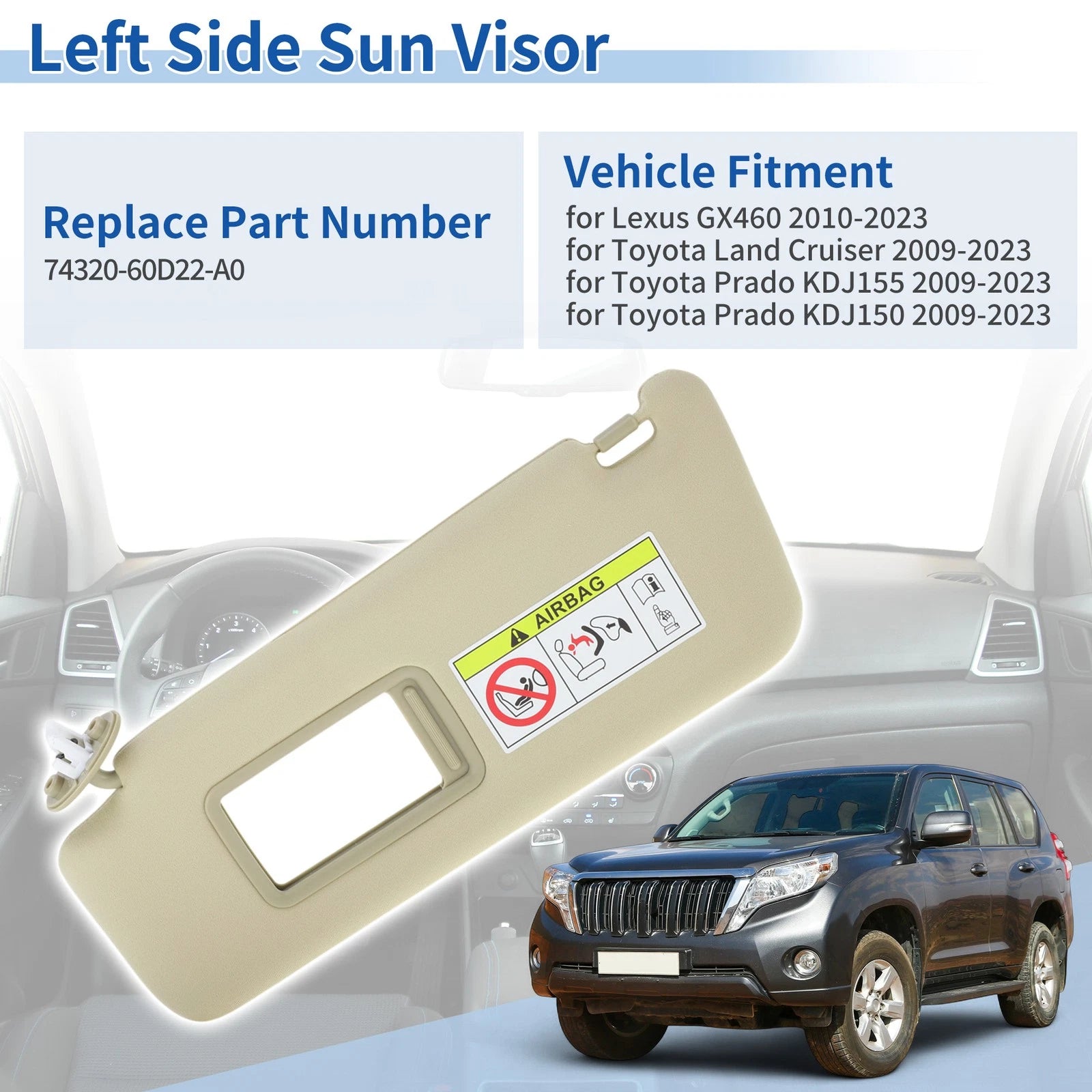 Left Side Sun Visor for Lexus GX460 (2010–2023) Replacement Beige