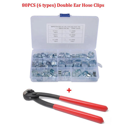 80Pcs Double Ear Hose Clips 5-18MM Zinc Plated with Clamp Pliers