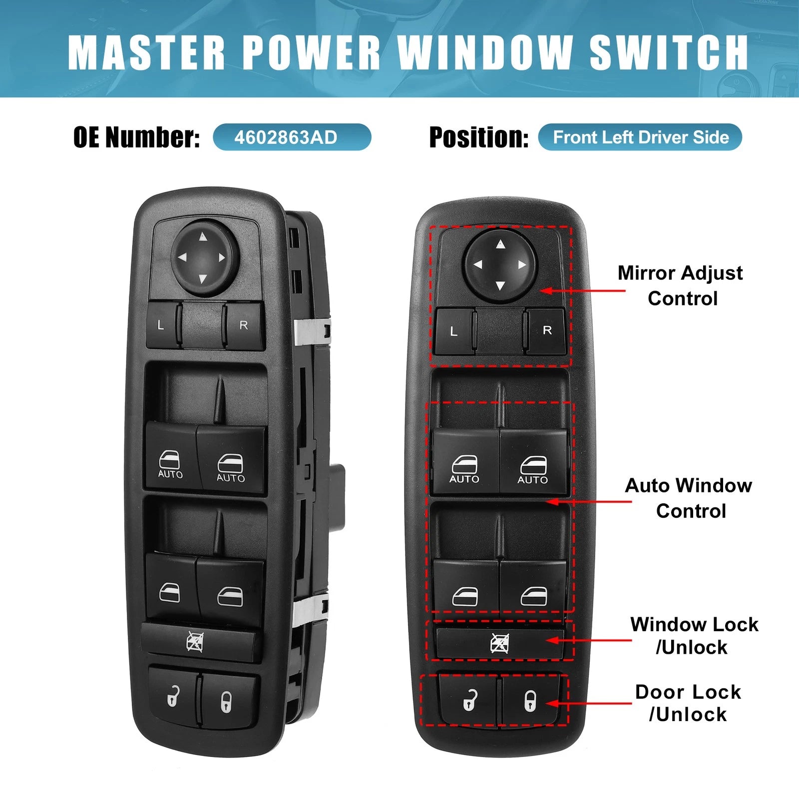 Power Window Master Control Switch 4602863AD for Ram 1500 2500 3500 (2002–2010)