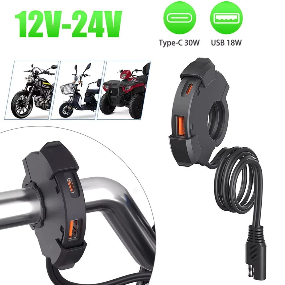 Motorcycle Phone Tablet GPS Fast Charger Adapter QC 3.0 Dual USB Type-C 12V-24V